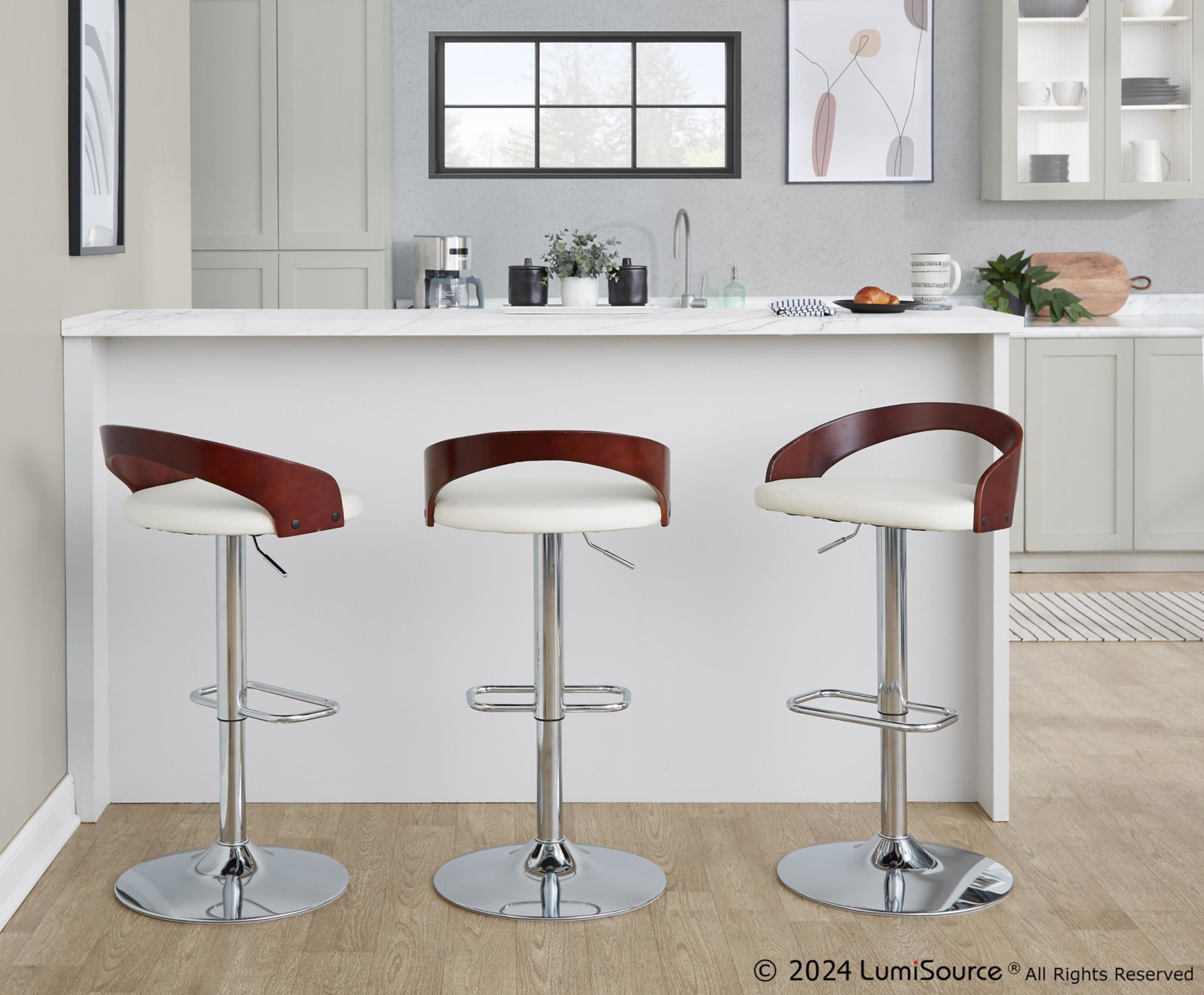 Grotto White Mid-Century Modern Adjustable Swivel Barstools (Set of 2) 2 Grotto White Mid-Century Modern Adjustable Swivel Barstools (Set of 2) - Image 2