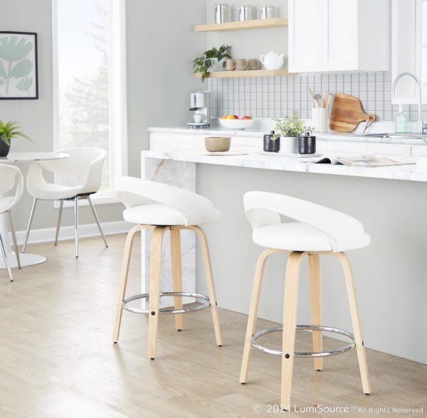 Grotto White Swivel Counter Stool Natural Wood Set of 2 1