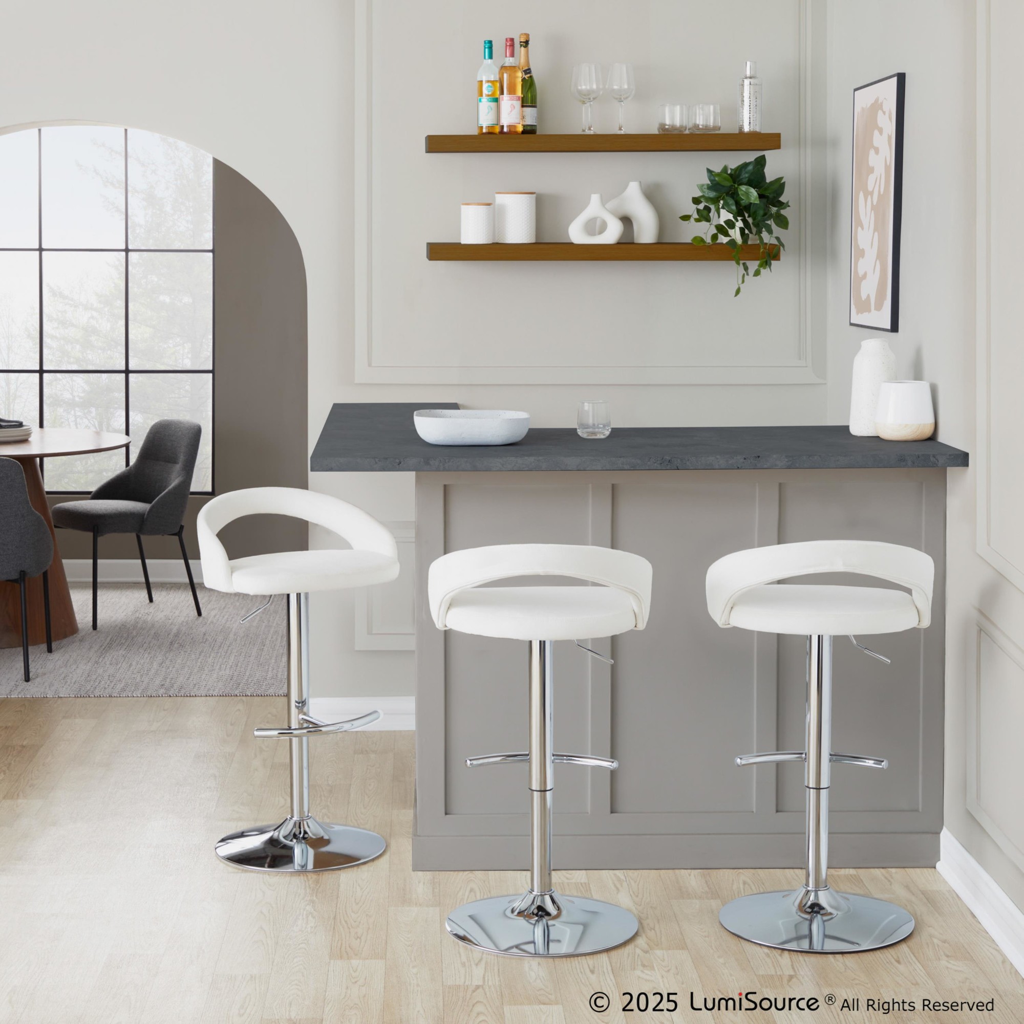 Grotto White Velvet Contemporary Adjustable Barstools Chrome (Set of 2) 2 Grotto White Velvet Contemporary Adjustable Barstools Chrome (Set of 2) - Image 2