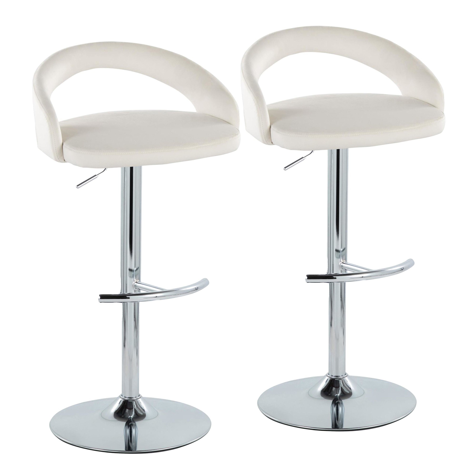 Grotto White Velvet Contemporary Adjustable Barstools Chrome (Set of 2) 3 Grotto White Velvet Contemporary Adjustable Barstools Chrome (Set of 2) - Image 3