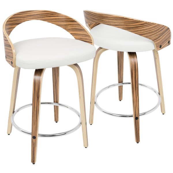 Grotto Zebra Wood White Swivel Mid Century Modern Counter Stools Set of 2 1