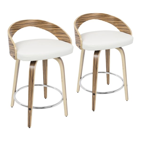 Grotto Zebra Wood White Swivel Mid Century Modern Counter Stools Set of 2