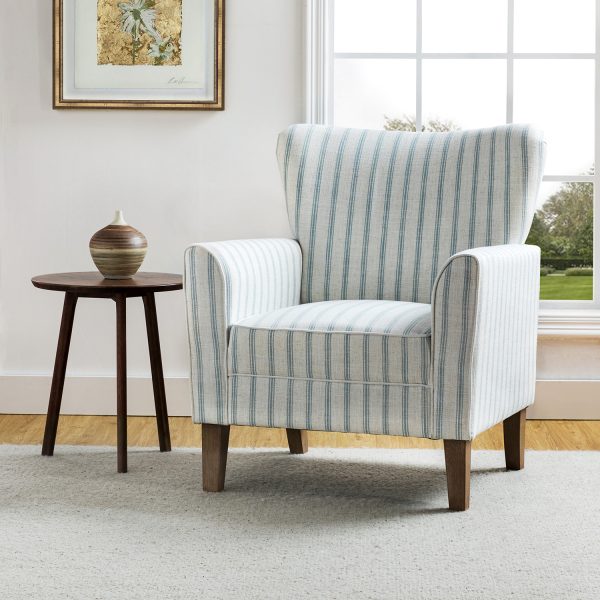 Gustaf Blue Nautical Stripe Coastal Farmhouse Wingback Armchair