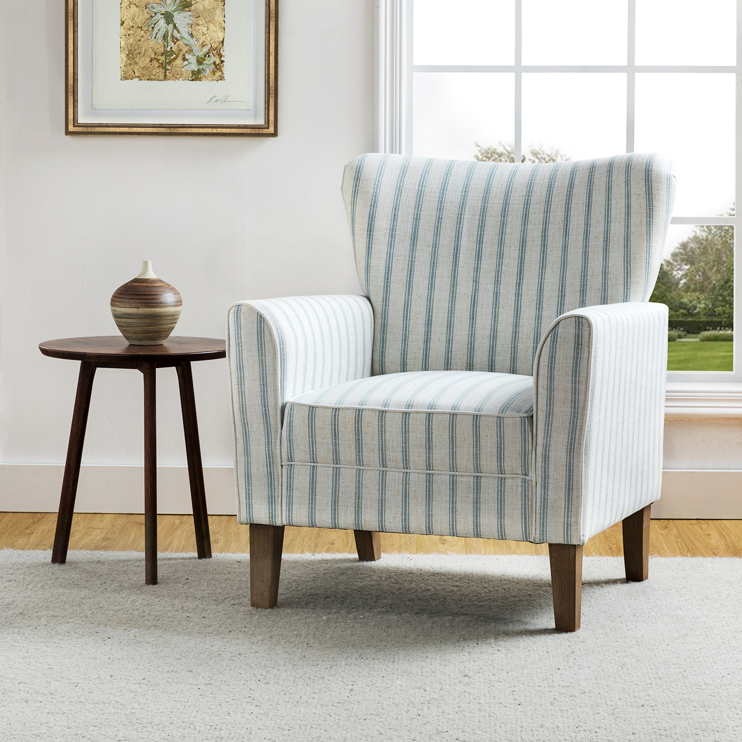 Gustaf Blue Nautical Stripe Coastal Farmhouse Wingback Armchair 1 Gustaf Blue Nautical Stripe Coastal Farmhouse Wingback Armchair