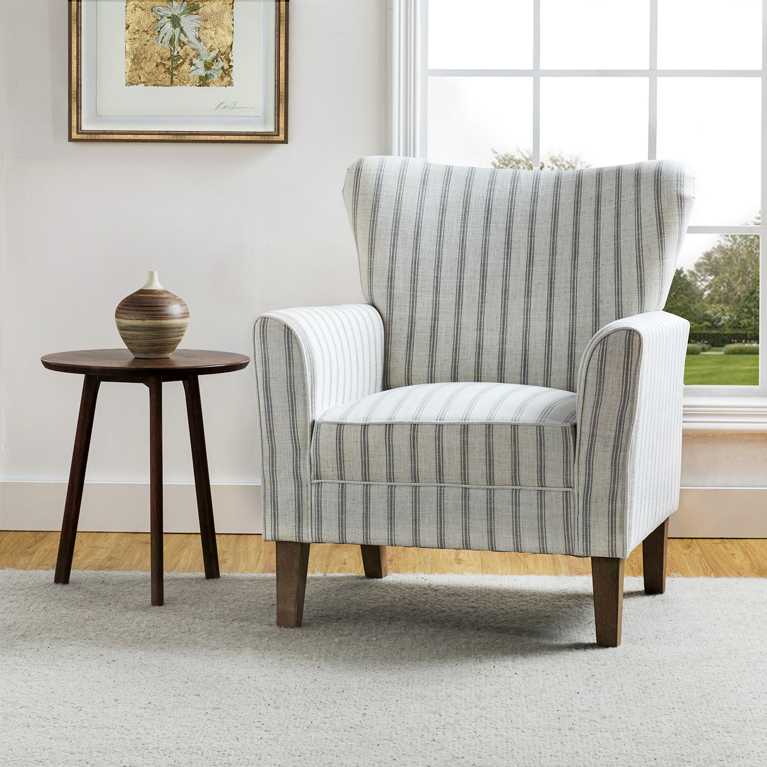 Gustaf Blue Stripe Coastal Farmhouse Wingback Accent Armchair 1 Gustaf Blue Stripe Coastal Farmhouse Wingback Accent Armchair