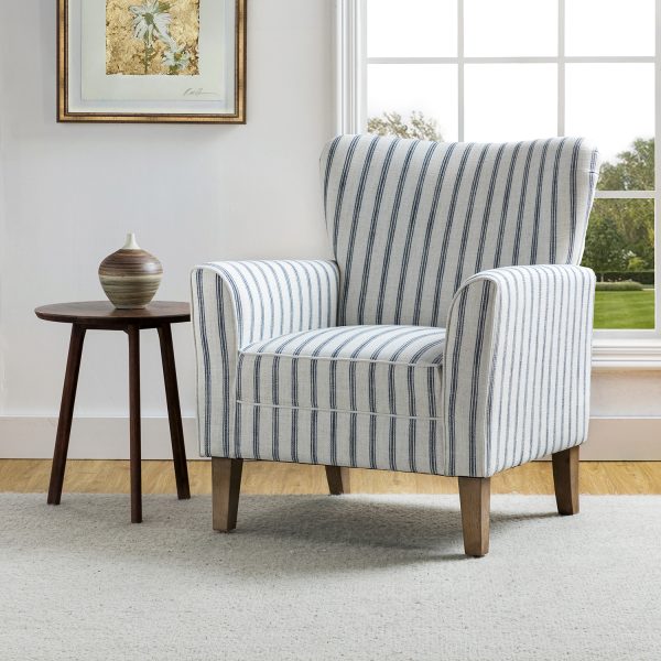 Gustaf Navy Stripe Coastal Farmhouse Wingback Accent Armchair