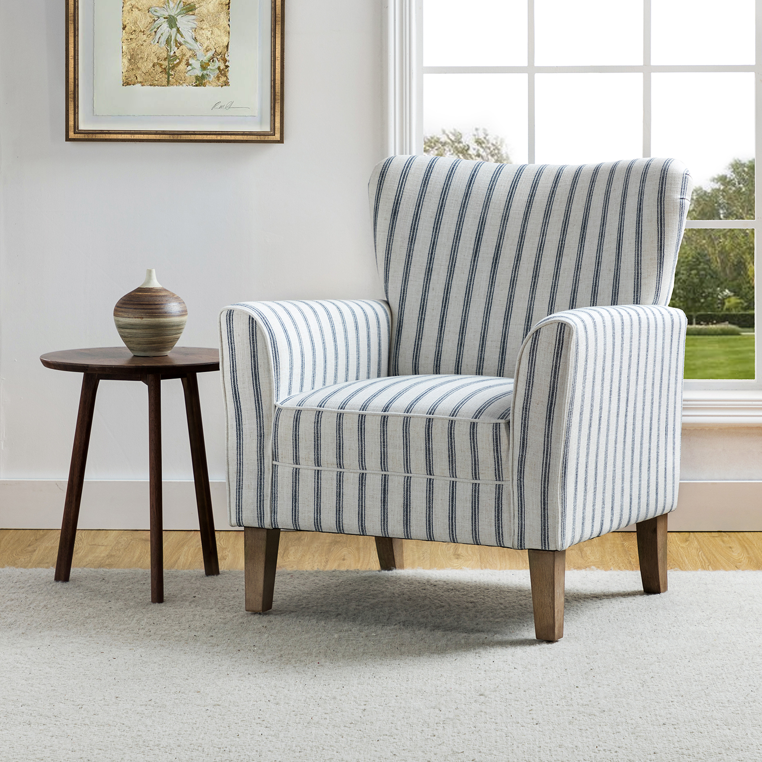 Gustaf Navy Stripe Coastal Farmhouse Wingback Accent Armchair 1 Gustaf Navy Stripe Coastal Farmhouse Wingback Accent Armchair