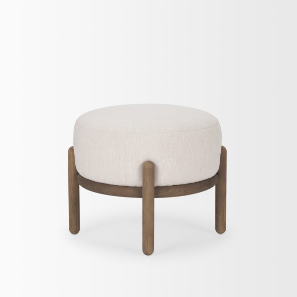 Gwynn Oatmeal Fabric w Dark Brown Wood Pouf 4