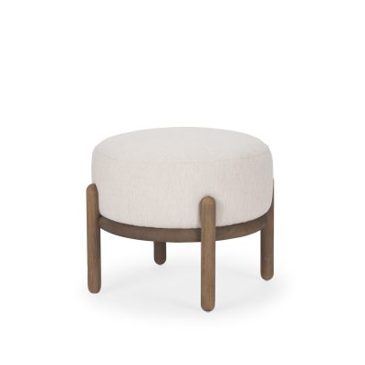 Gwynn Oatmeal Fabric w/ Dark Brown Wood Pouf