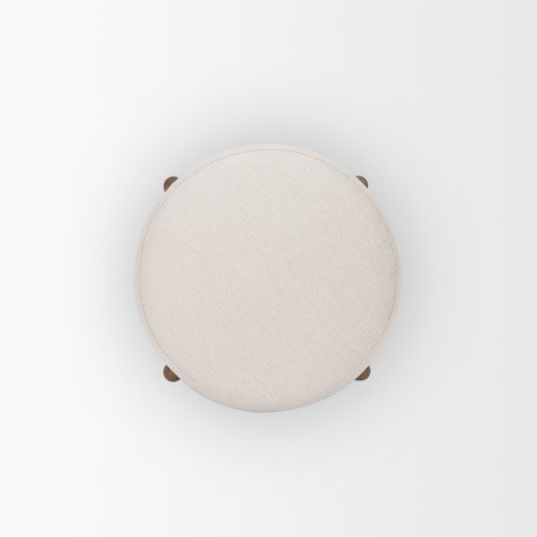 Gwynn Oatmeal Fabric w Dark Brown Wood Pouf 5