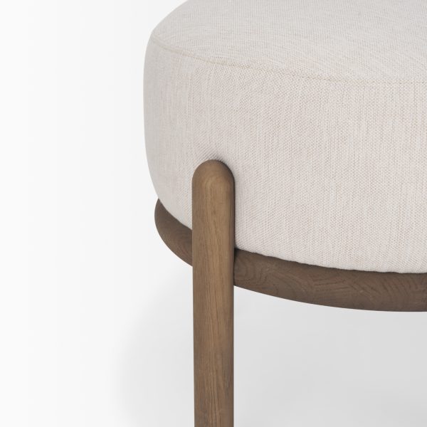 Gwynn Oatmeal Fabric w Dark Brown Wood Pouf 6