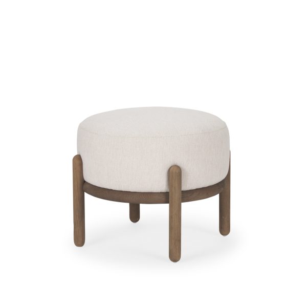 Gwynn Oatmeal Fabric w Dark Brown Wood Pouf