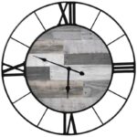 Rustic 32-Inch Roman Numeral Wall Clock Black Metal Wood