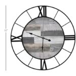 Rustic 32-Inch Roman Numeral Wall Clock Black Metal Wood