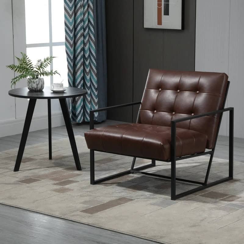 Industrial Faux Leather Tufted Accent Chair with Metal Frame Brown 2 Industrial Faux Leather Tufted Accent Chair with Metal Frame Brown - Image 2