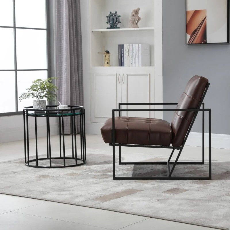 Industrial Faux Leather Tufted Accent Chair with Metal Frame Brown 3 Industrial Faux Leather Tufted Accent Chair with Metal Frame Brown - Image 3