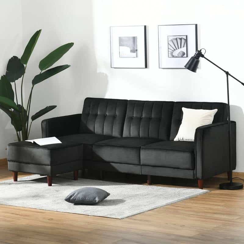 Reversible L-Shaped Sectional Sleeper Sofa Black Velvet Mid-Century Style 2 Reversible L-Shaped Sectional Sleeper Sofa Black Velvet Mid-Century Style - Image 2