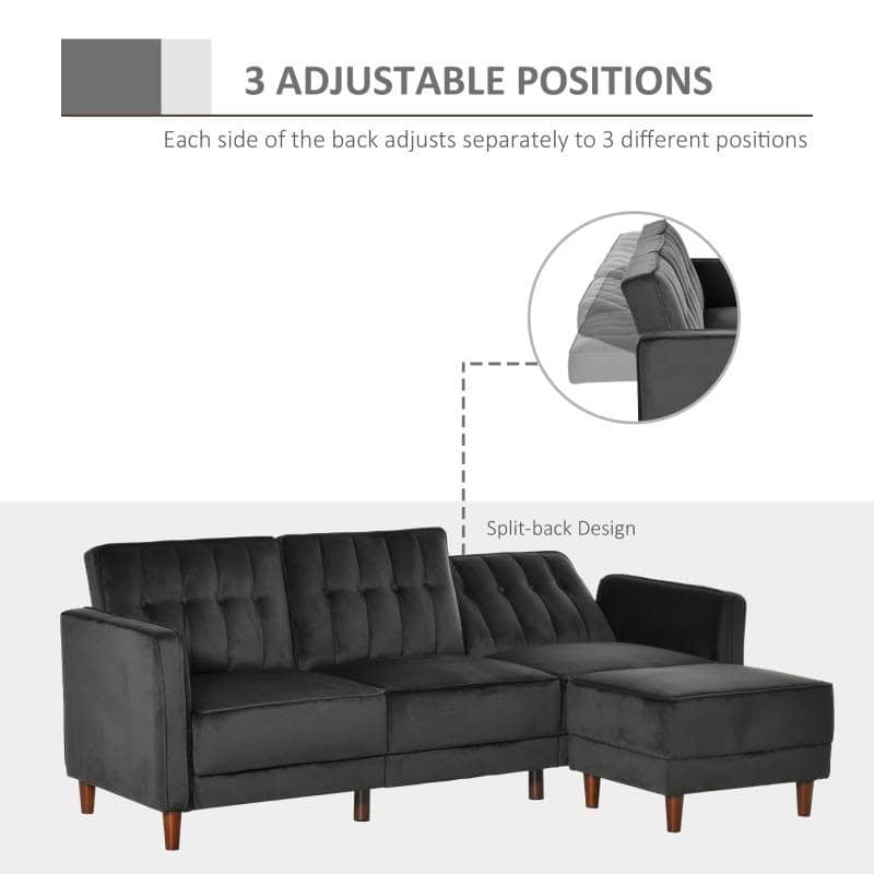 Reversible L-Shaped Sectional Sleeper Sofa Black Velvet Mid-Century Style 3 Reversible L-Shaped Sectional Sleeper Sofa Black Velvet Mid-Century Style - Image 3