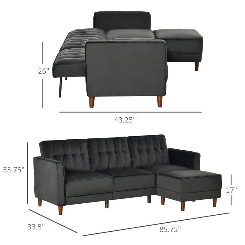 Reversible L-Shaped Sectional Sleeper Sofa Black Velvet Mid-Century Style 4 Reversible L-Shaped Sectional Sleeper Sofa Black Velvet Mid-Century Style - Image 4