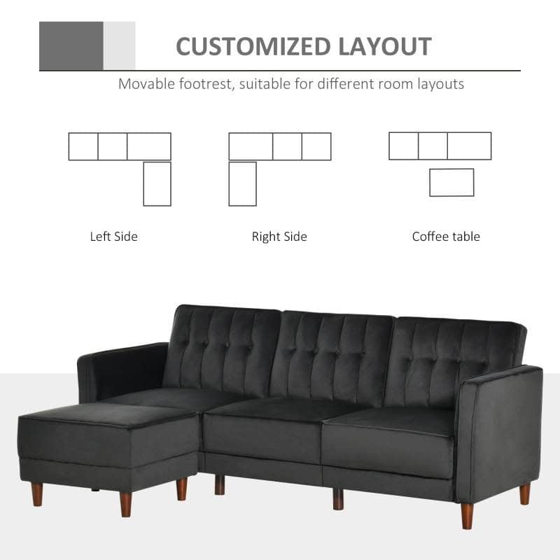 Reversible L-Shaped Sectional Sleeper Sofa Black Velvet Mid-Century Style 5 Reversible L-Shaped Sectional Sleeper Sofa Black Velvet Mid-Century Style - Image 5