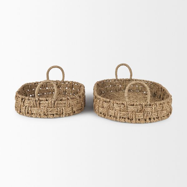 Haini Set of 2 Large Basketweave Seagrass Trays w Loop Handles 3