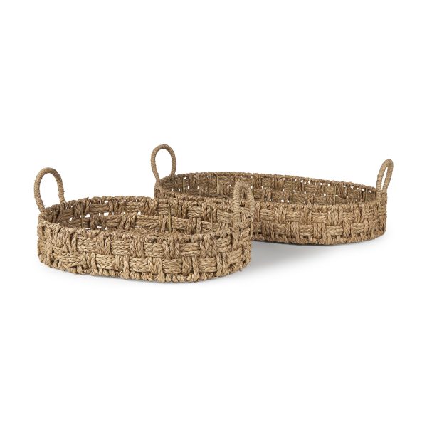 Haini Set of 2 Large Basketweave Seagrass Trays w Loop Handles