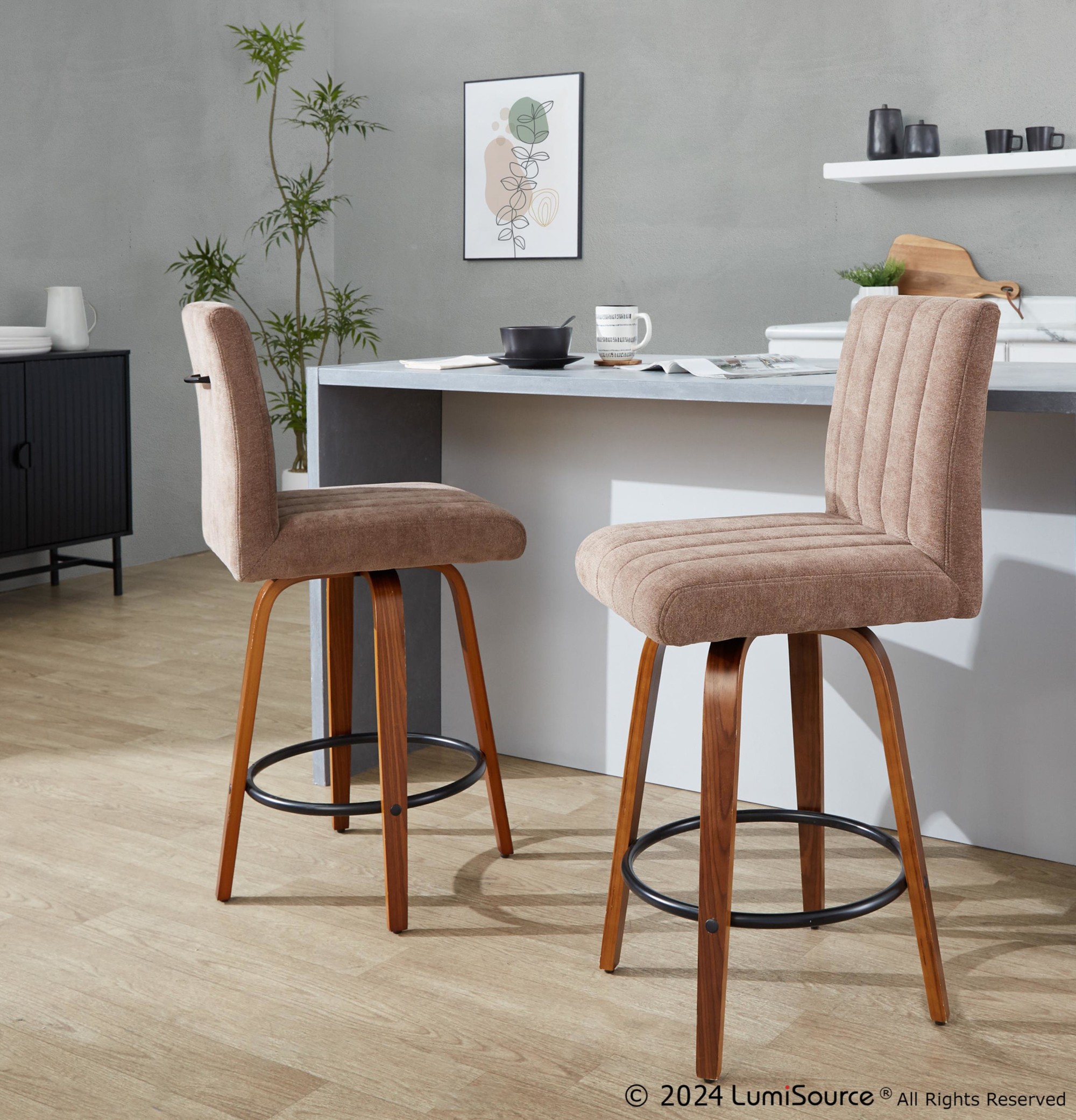 Hank 26 Contemporary Walnut and Brown Swivel Counter Stools (Set of 2) 2 Hank 26 Contemporary Walnut and Brown Swivel Counter Stools (Set of 2) - Image 2