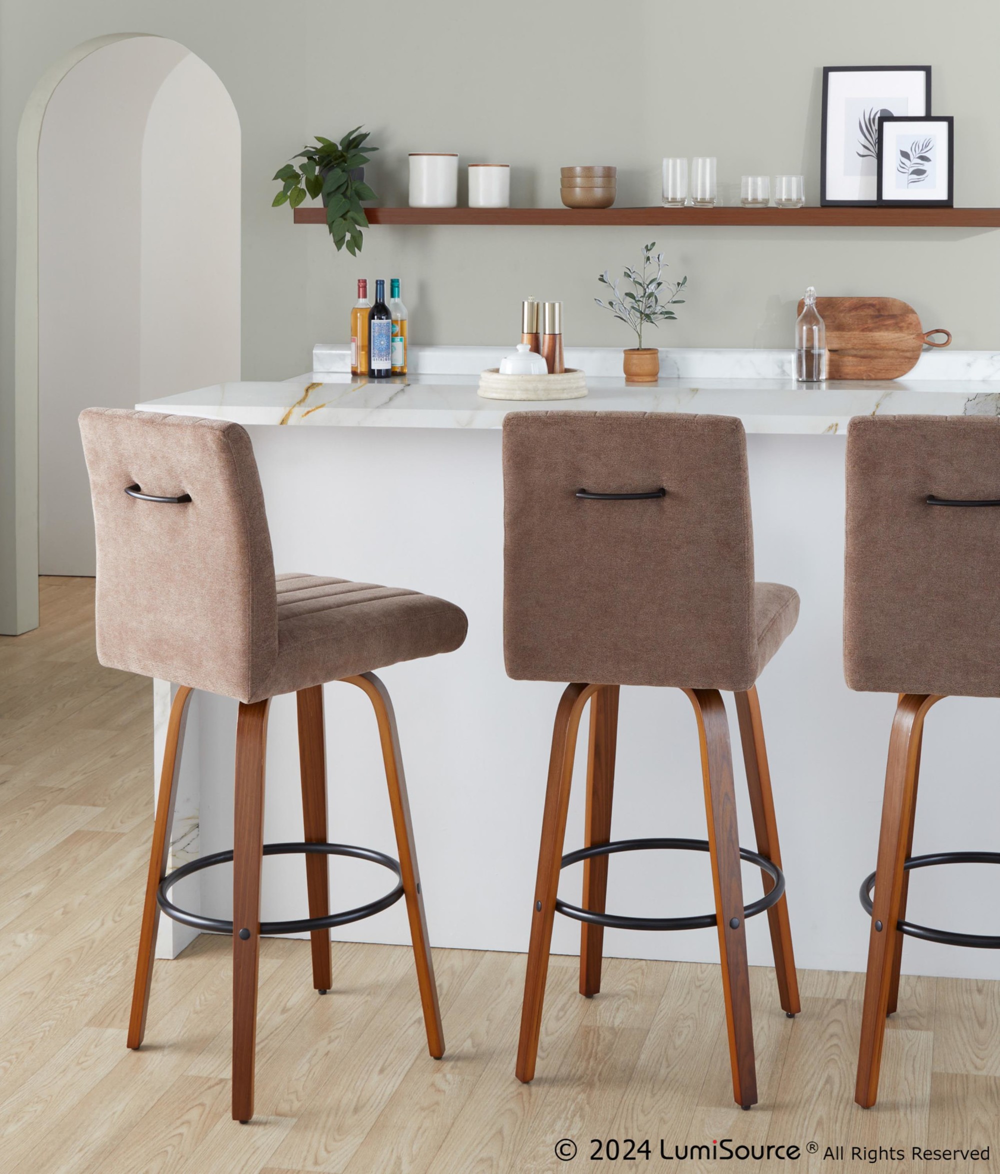 Hank 30-Inch Contemporary Walnut and Brown Swivel Barstool (Set of 2) 2 Hank 30-Inch Contemporary Walnut and Brown Swivel Barstool (Set of 2) - Image 2