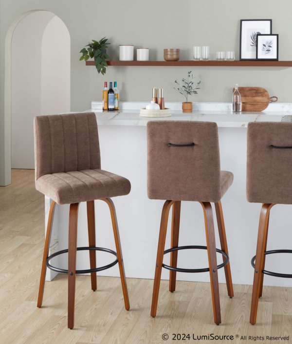 Hank 30 Inch Contemporary Walnut and Brown Swivel Barstool Set of 2