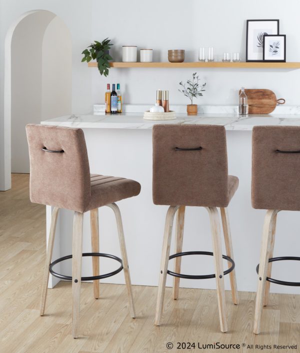 Hank 30 Inch Whitewashed Wood and Brown Fabric Swivel Barstool Set of 2 1
