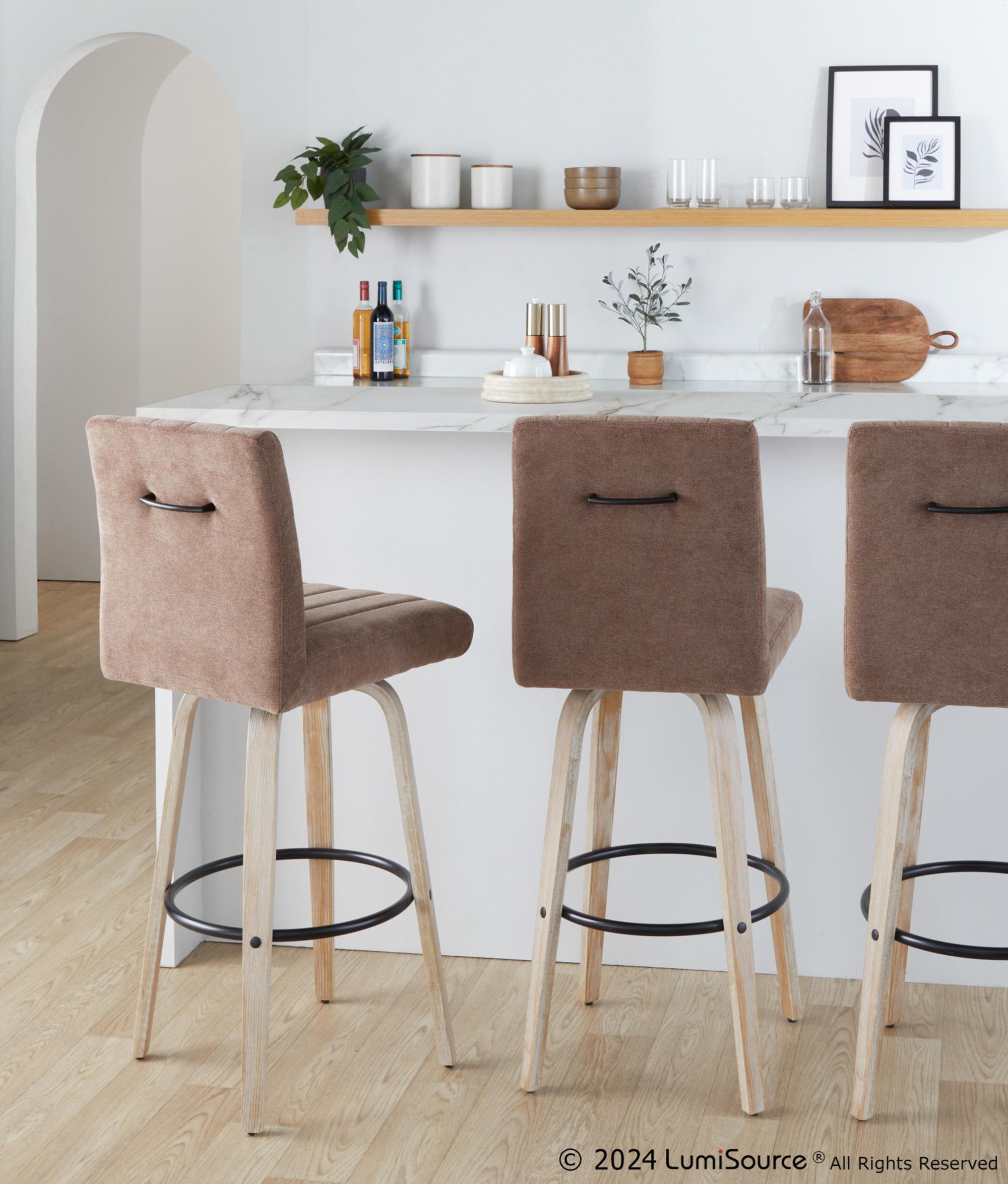 Hank 30-Inch Whitewashed Wood and Brown Fabric Swivel Barstool (Set of 2) 2 Hank 30-Inch Whitewashed Wood and Brown Fabric Swivel Barstool (Set of 2) - Image 2