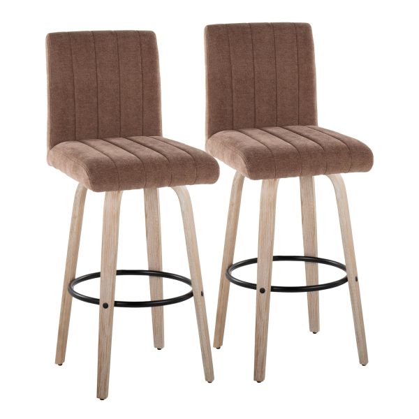 Hank 30 Inch Whitewashed Wood and Brown Fabric Swivel Barstool Set of 2 2
