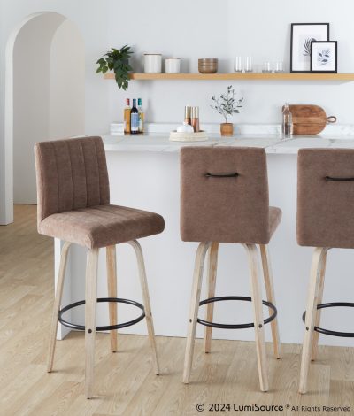 Hank 30-Inch Whitewashed Wood and Brown Fabric Swivel Barstool (Set of 2)