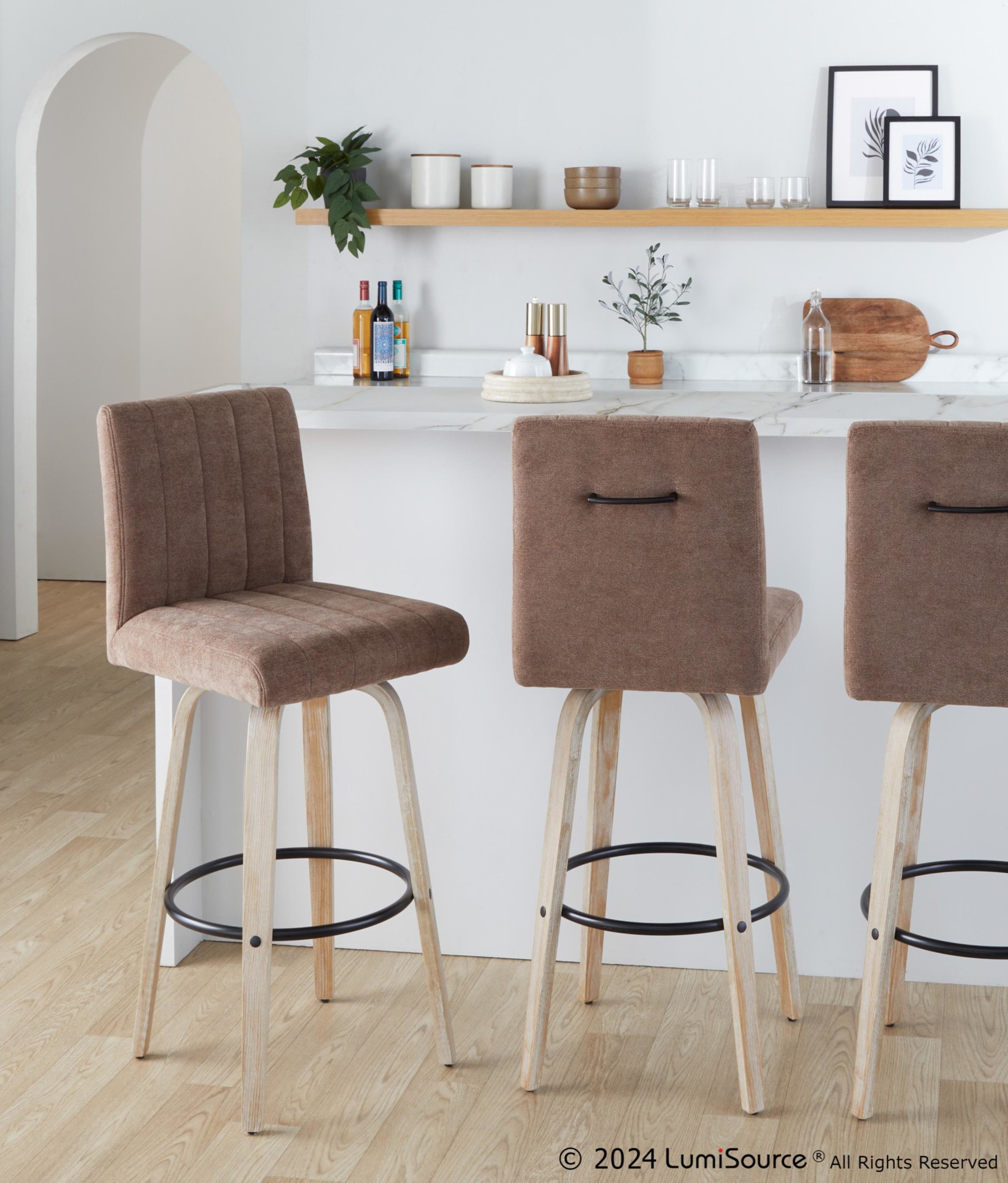 Hank 30-Inch Whitewashed Wood and Brown Fabric Swivel Barstool (Set of 2) 1 Hank 30-Inch Whitewashed Wood and Brown Fabric Swivel Barstool (Set of 2)