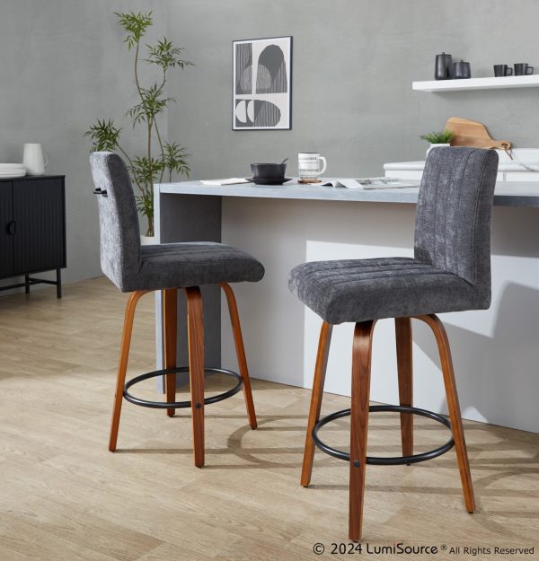 Hank Contemporary Swivel Counter Stool Walnut and Black Set of 2 Set of 2