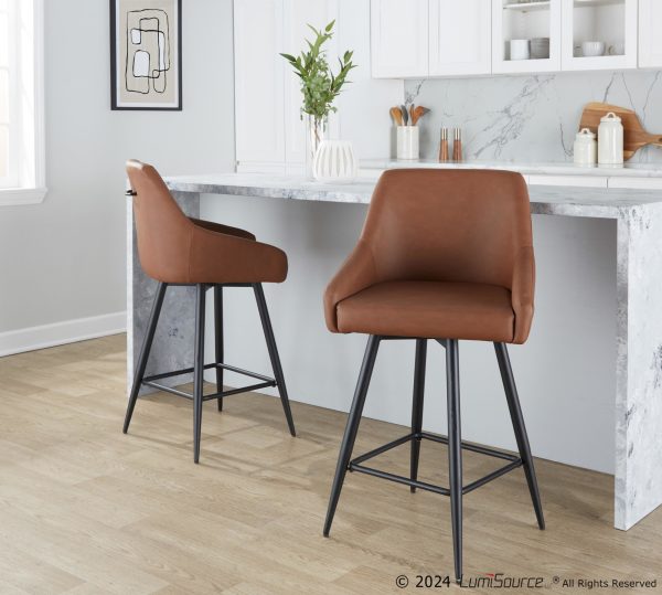 Hannah 26 Inch Black Metal Camel Faux Leather Swivel Stools Set of 2 1
