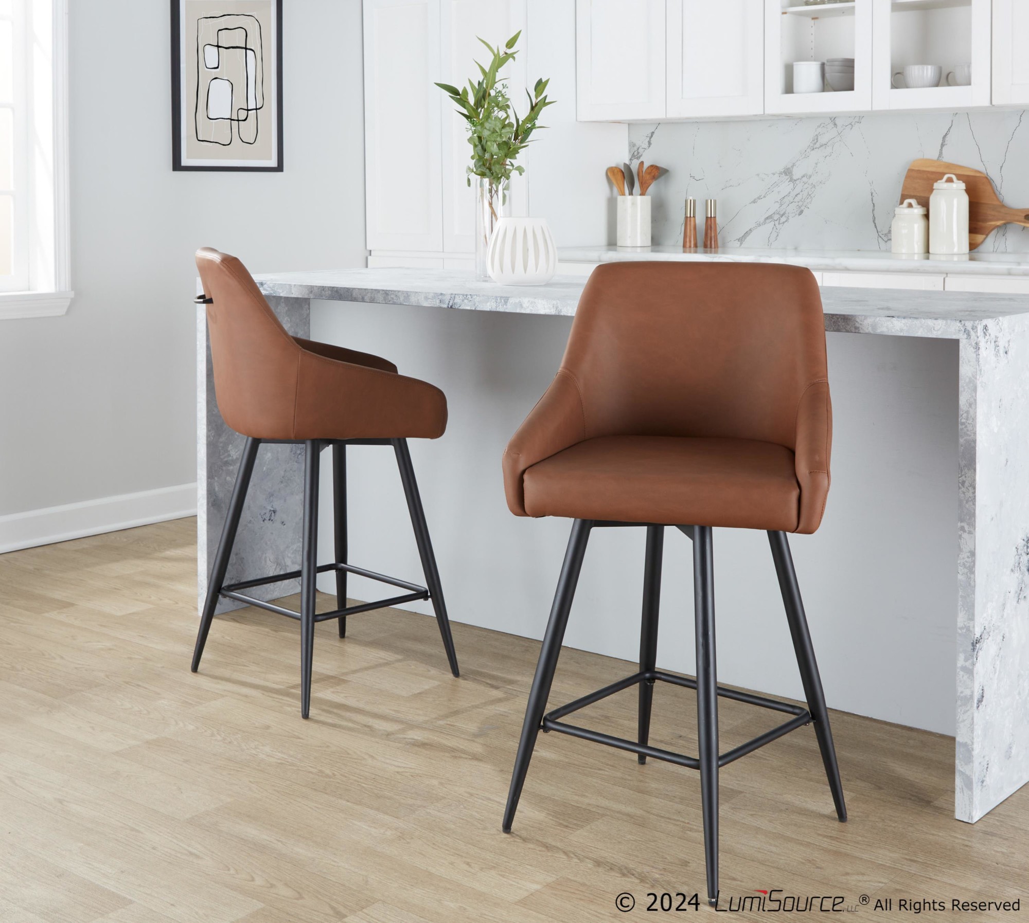 Hannah 26-Inch Black Metal Camel Faux Leather Swivel Stools (Set of 2) 2 Hannah 26-Inch Black Metal Camel Faux Leather Swivel Stools (Set of 2) - Image 2
