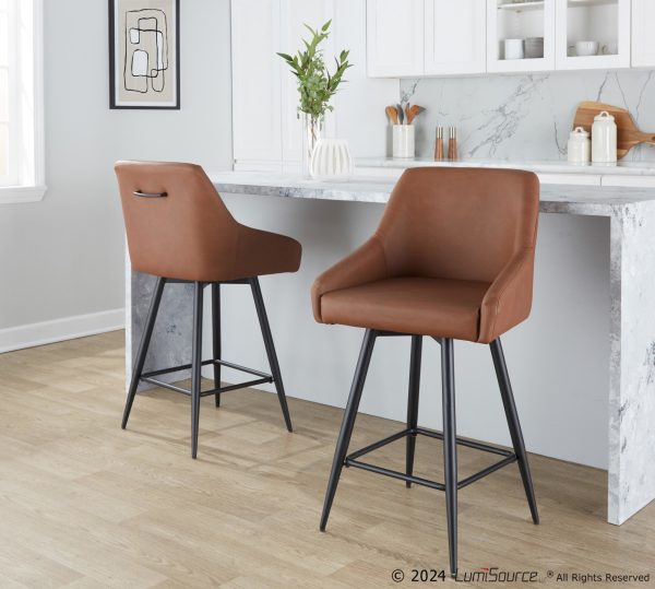 Hannah 26 Inch Black Metal Camel Faux Leather Swivel Stools Set of 2