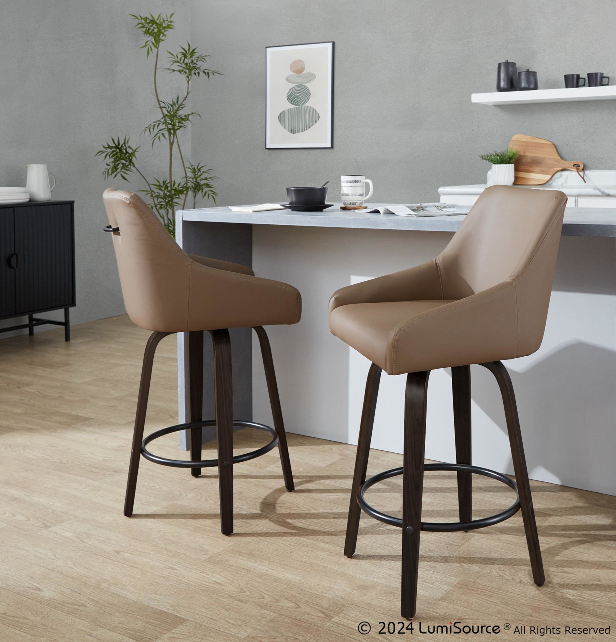 Hannah 26" Transitional Brown Faux Leather Swivel Counter Stools (Set of 2) 2 Hannah 26" Transitional Brown Faux Leather Swivel Counter Stools (Set of 2) - Image 2