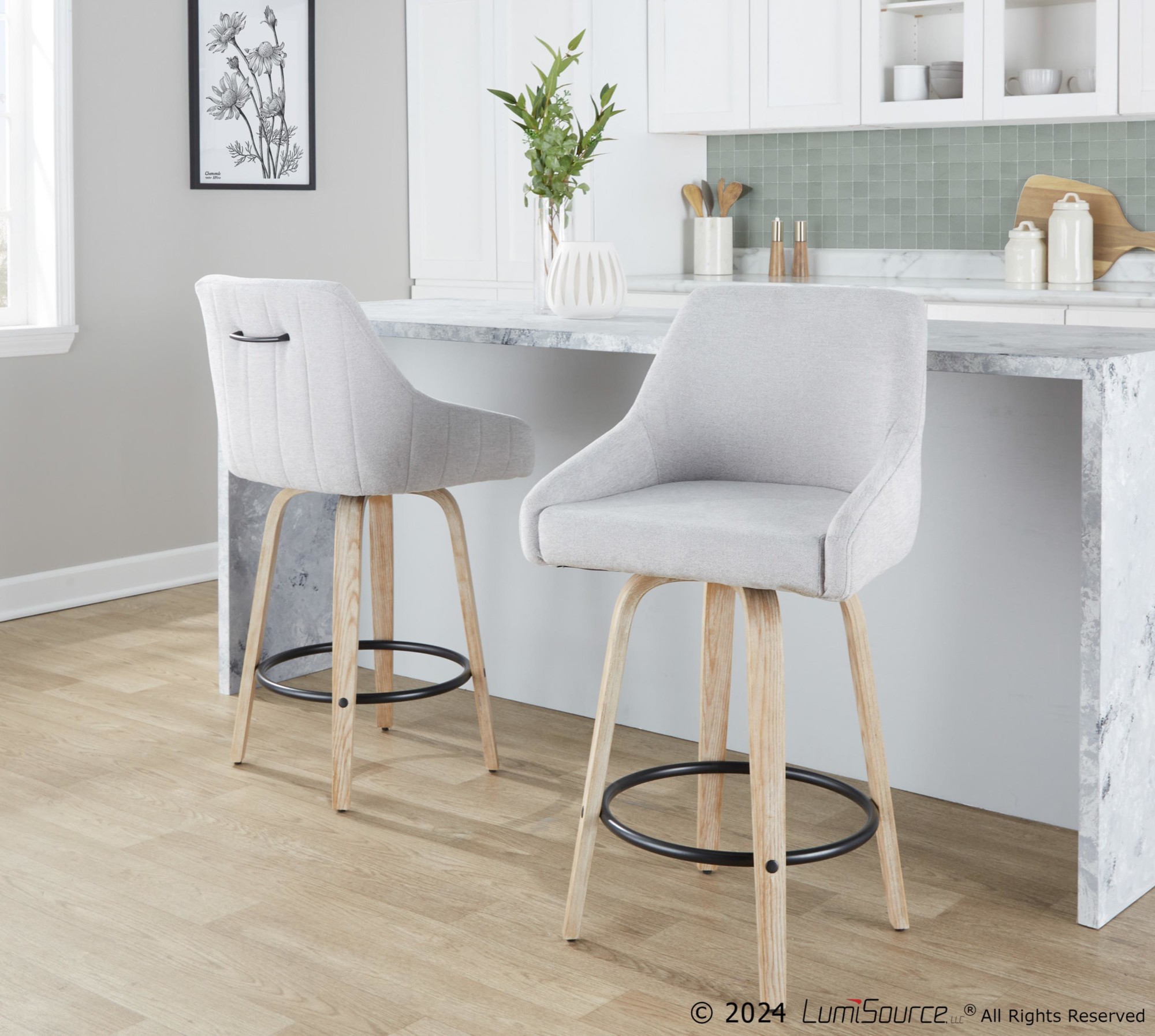 Hannah 26 Transitional Swivel Counter Stools Whitewashed Wood Grey (Set of 2) 2 Hannah 26 Transitional Swivel Counter Stools Whitewashed Wood Grey (Set of 2) - Image 2