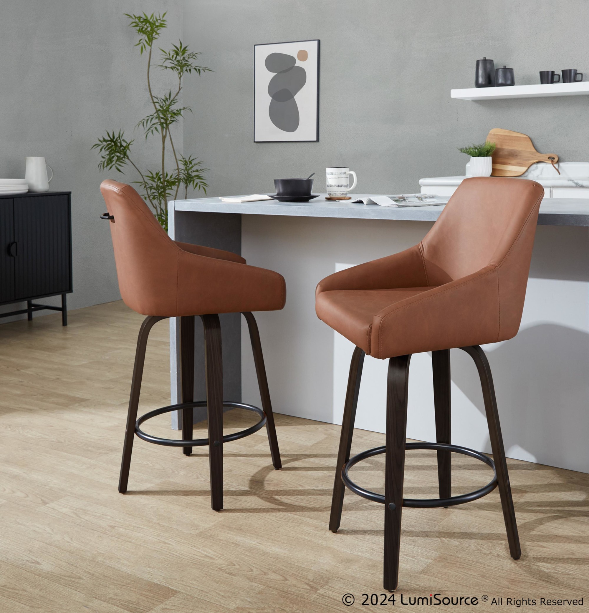 Hannah 26" Walnut and Camel Transitional Swivel Stools (Set of 2) 2 Hannah 26" Walnut and Camel Transitional Swivel Stools (Set of 2) - Image 2