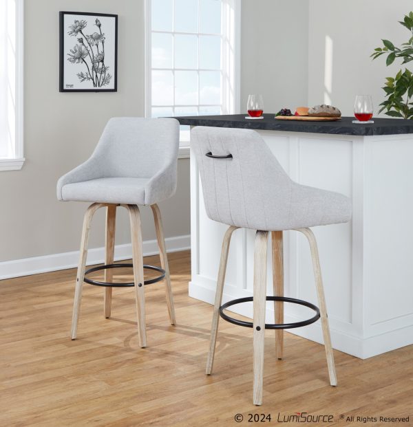 Hannah 30 Inch Transitional Whitewashed Wood and Grey Swivel Barstools Set of 2