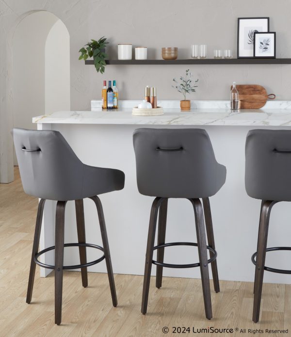 Hannah 30 Swivel Glazed Wood Barstools Grey Leather Set of 2 1