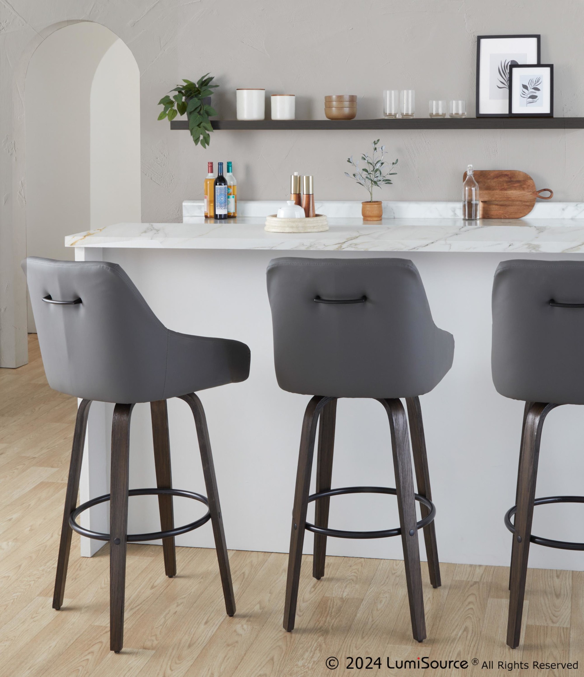 Hannah 30" Swivel Glazed Wood Barstools Grey Leather (Set of 2) 2 Hannah 30" Swivel Glazed Wood Barstools Grey Leather (Set of 2) - Image 2