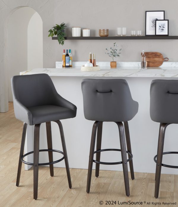 Hannah 30 Swivel Glazed Wood Barstools Grey Leather Set of 2
