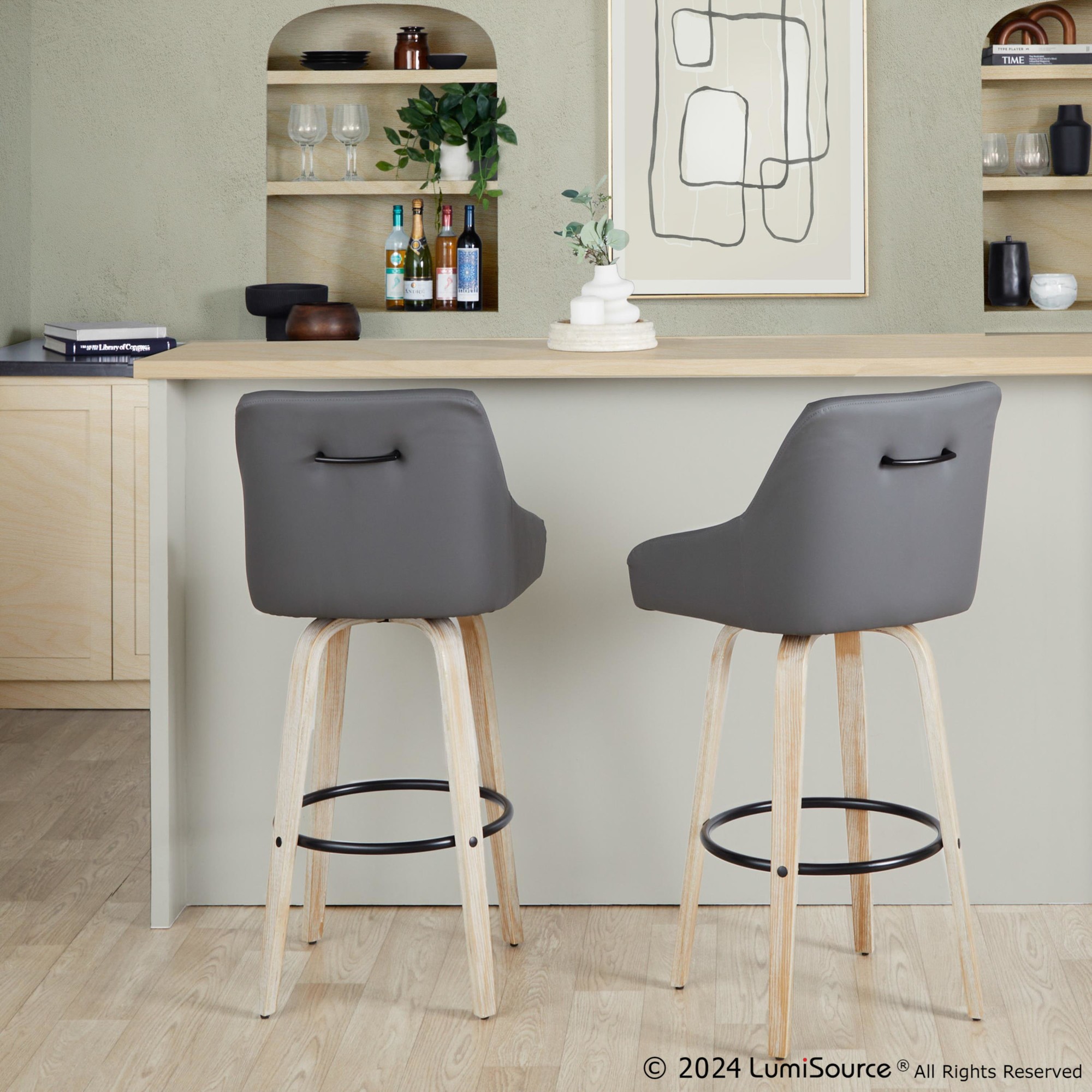 Hannah 30 Whitewashed Wood Grey Faux Leather Swivel Barstool (Set of 2) 2 Hannah 30 Whitewashed Wood Grey Faux Leather Swivel Barstool (Set of 2) - Image 2