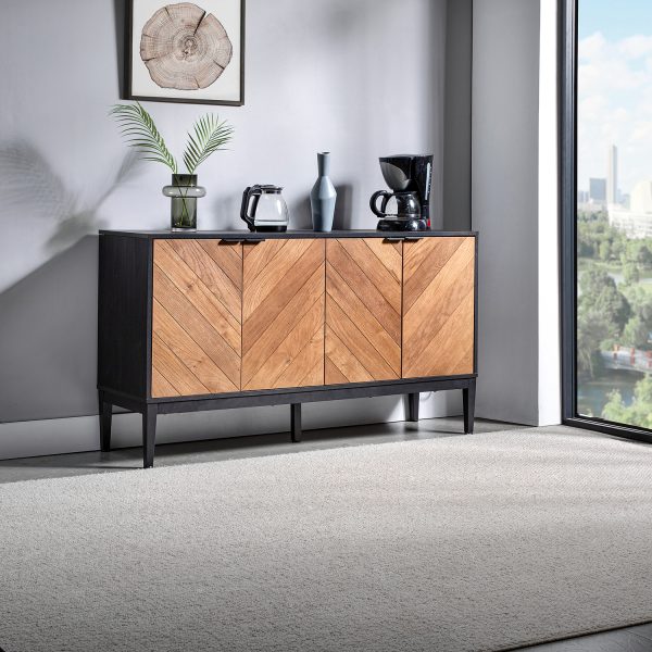 Hargapas Black Herringbone 4 Door Modern Sideboard with Metal Legs