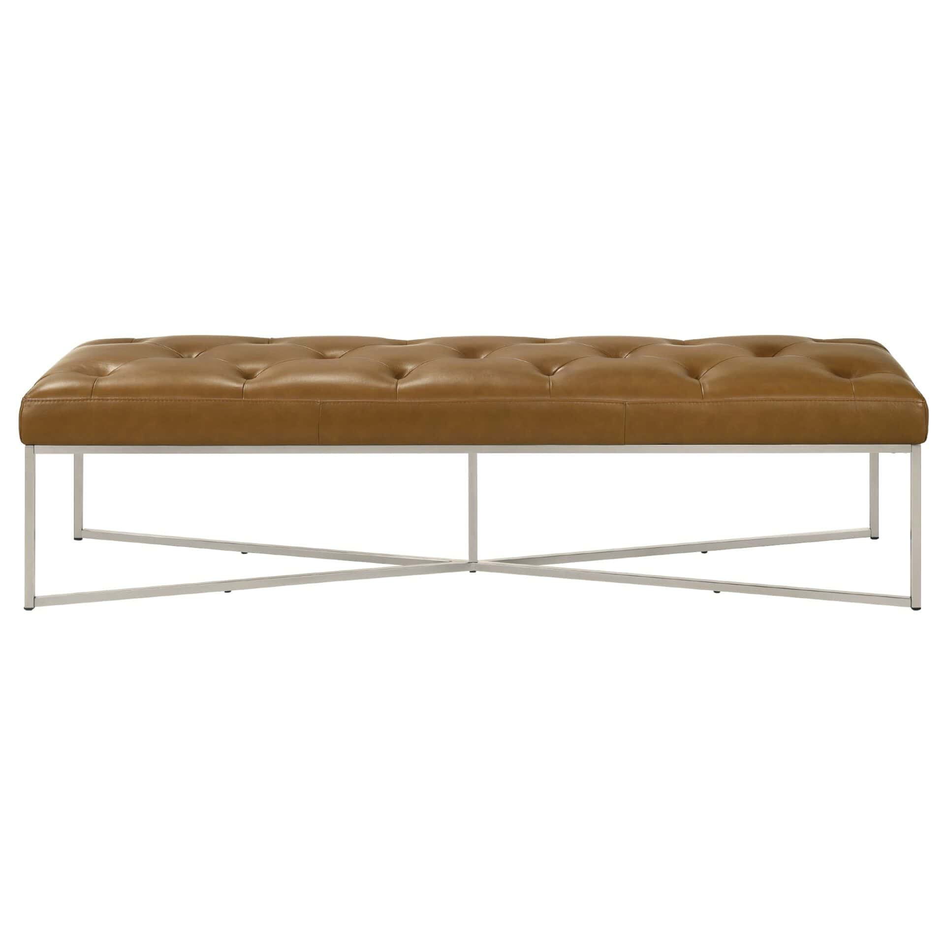 Mid-Century Modern Hand-Tufted Tan Leather Bench with Metal Frame 1 Mid-Century Modern Hand-Tufted Tan Leather Bench with Metal Frame