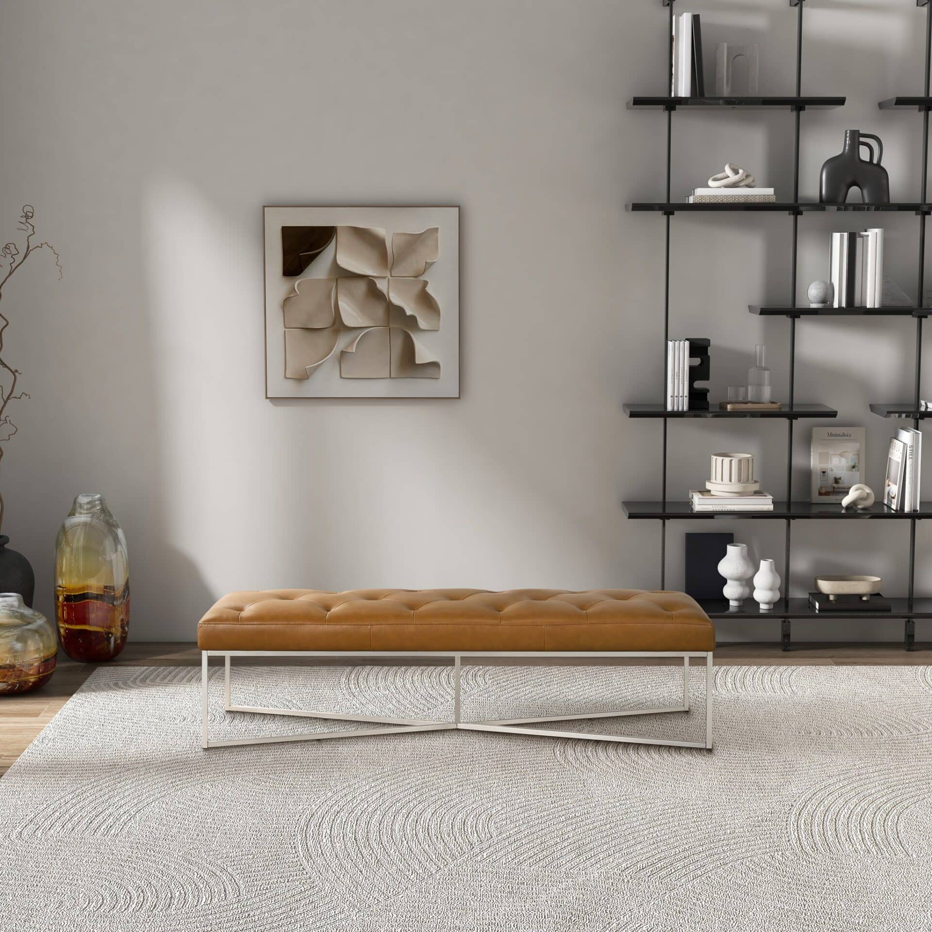 Mid-Century Modern Hand-Tufted Tan Leather Bench with Metal Frame 2 Mid-Century Modern Hand-Tufted Tan Leather Bench with Metal Frame - Image 2