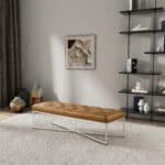 Mid-Century Modern Hand-Tufted Tan Leather Bench with Metal Frame 8 Mid-Century Modern Hand-Tufted Tan Leather Bench with Metal Frame